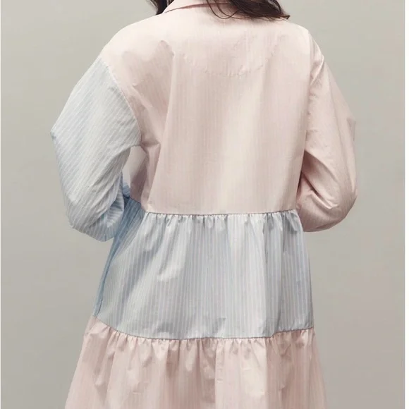Two-Tone Pastel Pink & Blue  Bettina Stripe Mix Tiered Mini Shirt Dress by Maeve - Picture 3 of 6